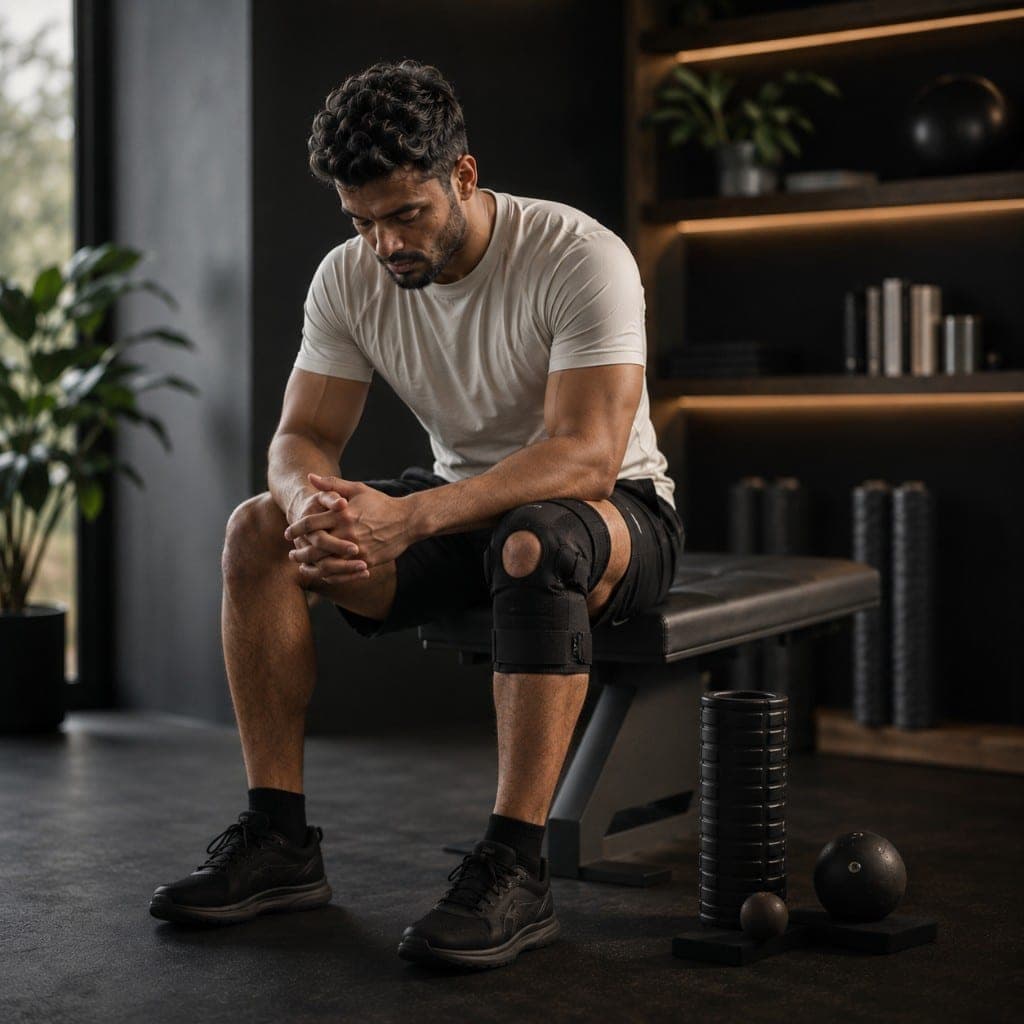 Athlete with knee brace reflecting on injury in a recovery-focused gym