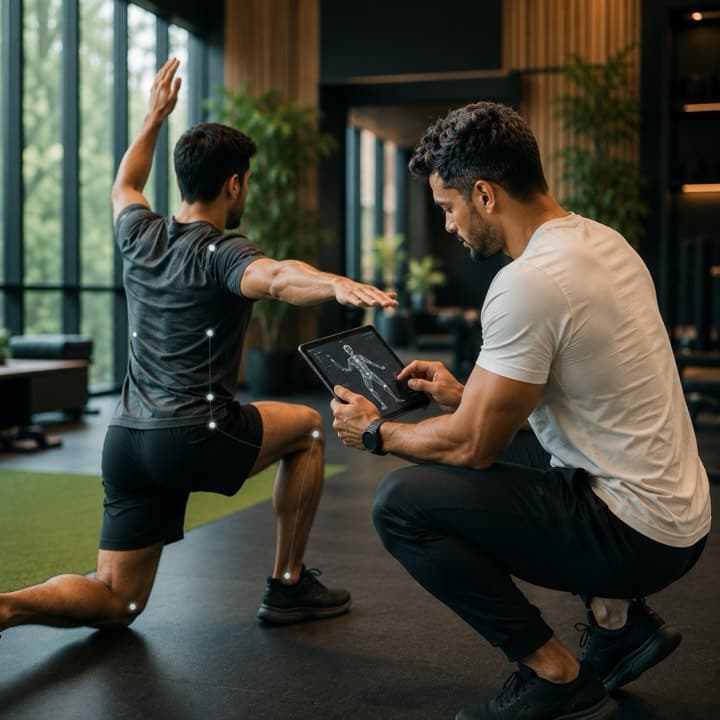 Coach performing a digital movement assessment with a client in a modern training studio