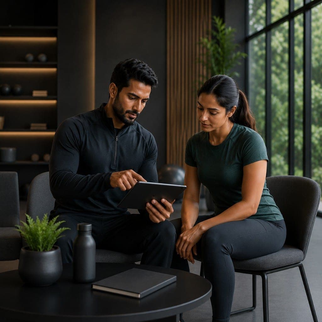 Coach and client reviewing a personalised coaching plan together on a tablet in a premium studio