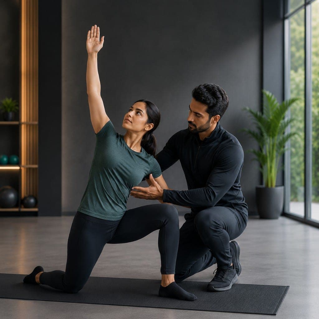 Coach guiding a client's alignment during a corrective half-kneeling stretch with hands-on movement correction
